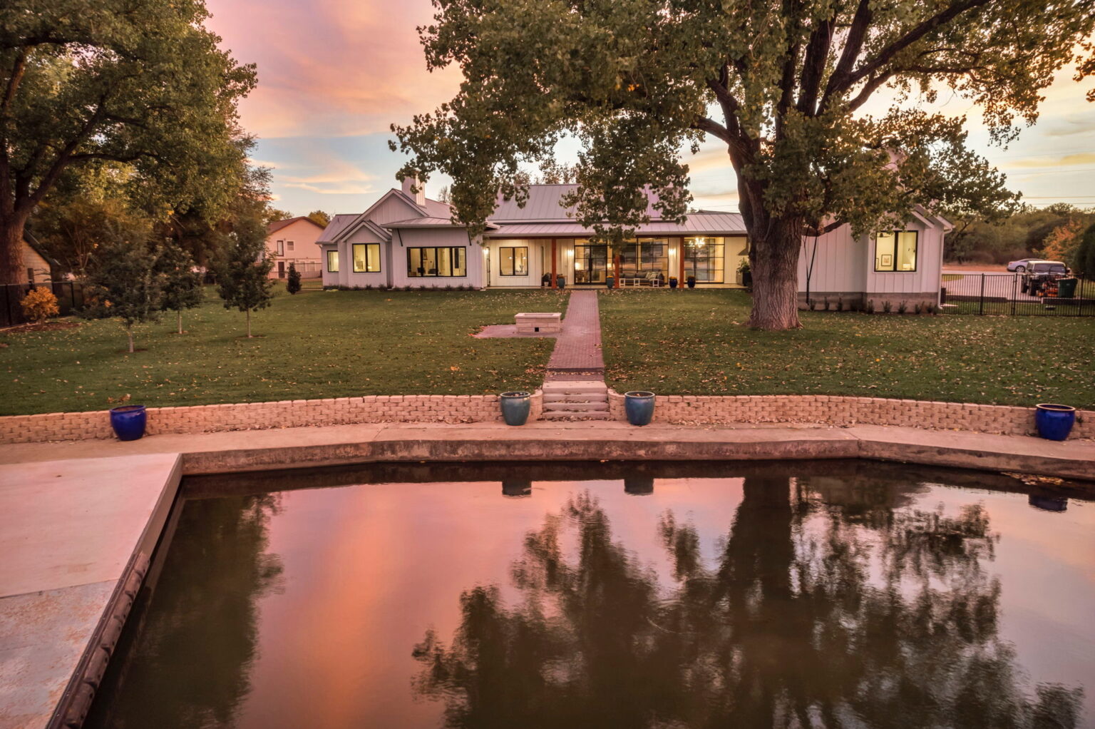 Lake property — exterior at dusk