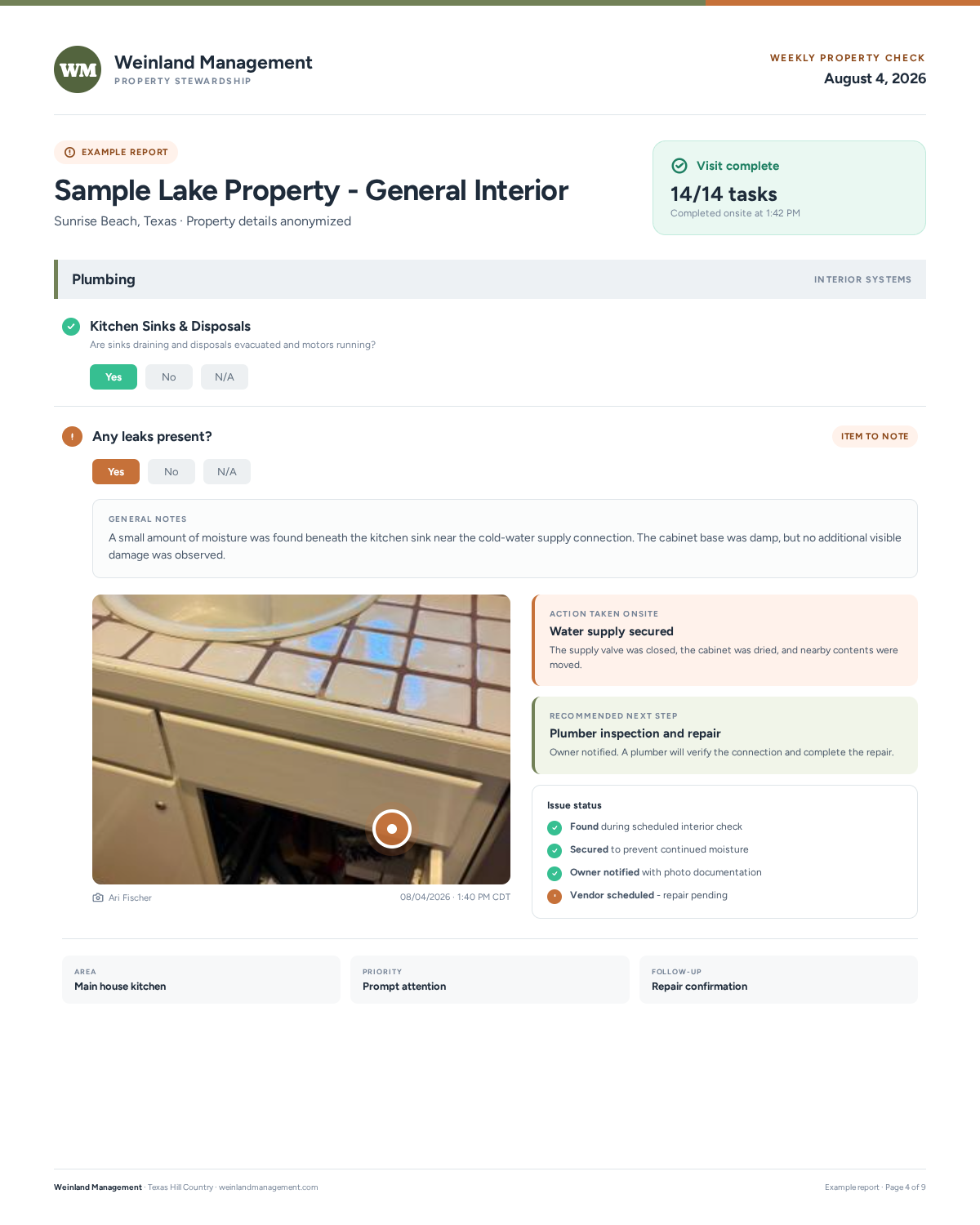 Example Weinland Management weekly property check report, with property details anonymized